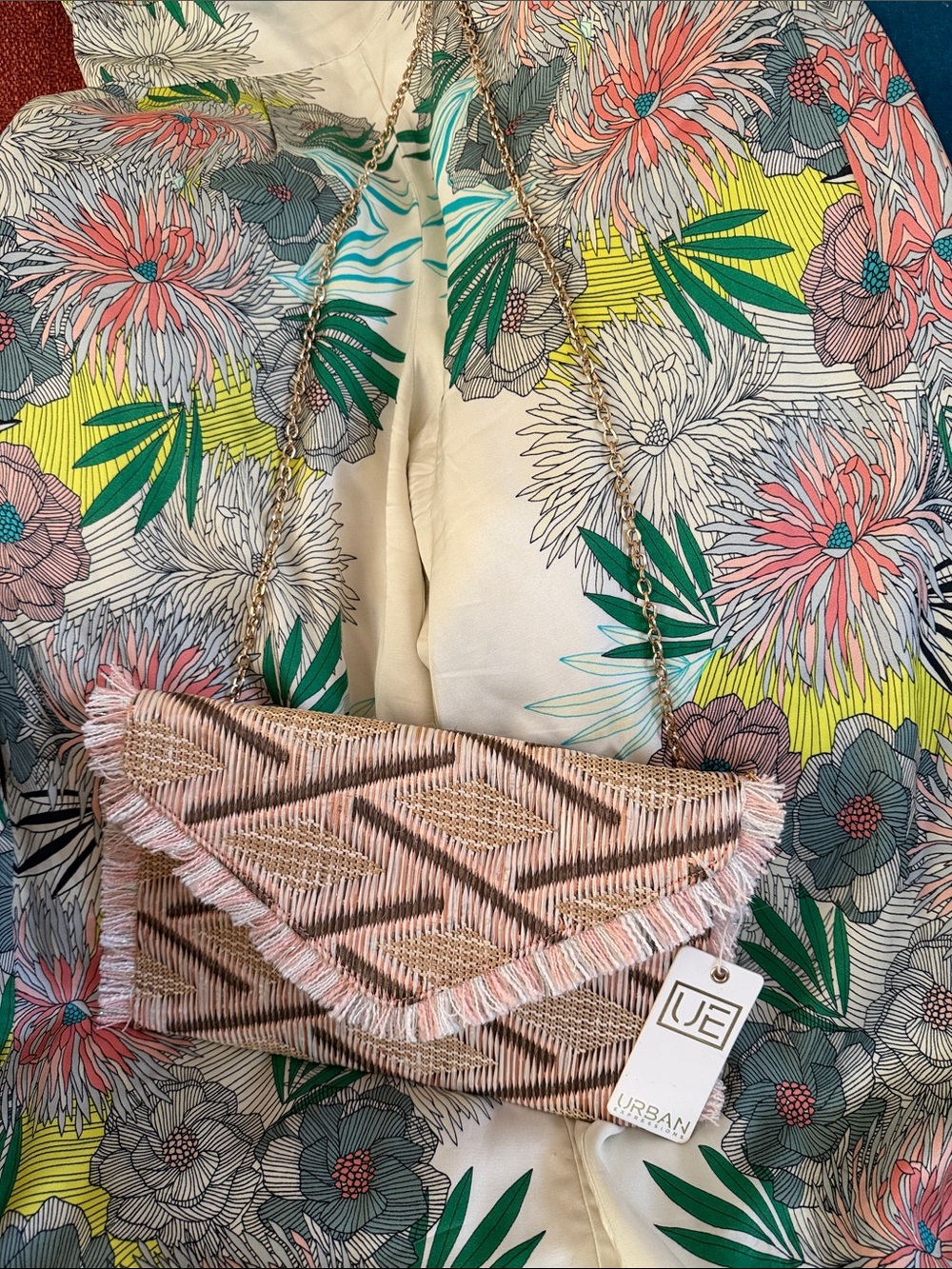 Urban Expressions Pink and Beige Fringed Chain Clutch